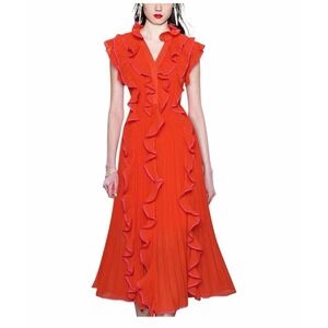 Liu Han Red Chiffon Ruffle Pleated A-Line Midi Dress Size M Cocktail